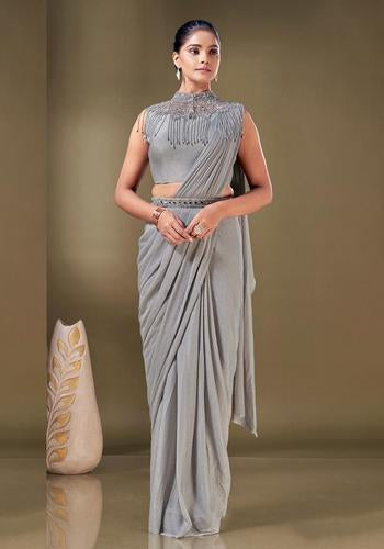 Grey Colour Ready To Wear Fancy Saree One