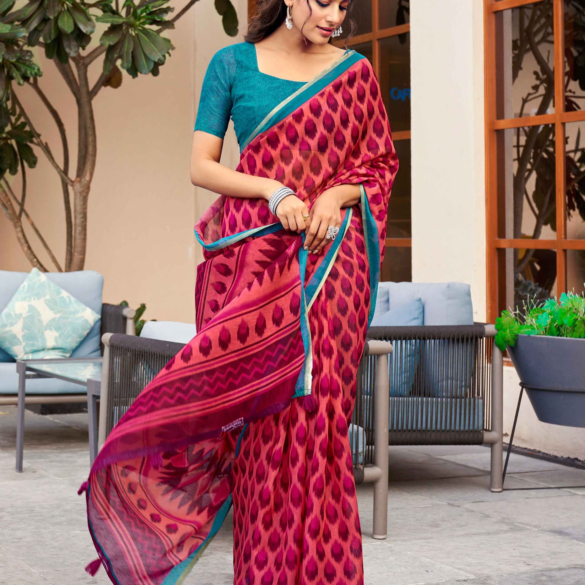 Pink With Teal Color Ikkat Saree - IK26