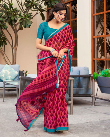 Pink With Teal Color Ikkat Saree - IK26