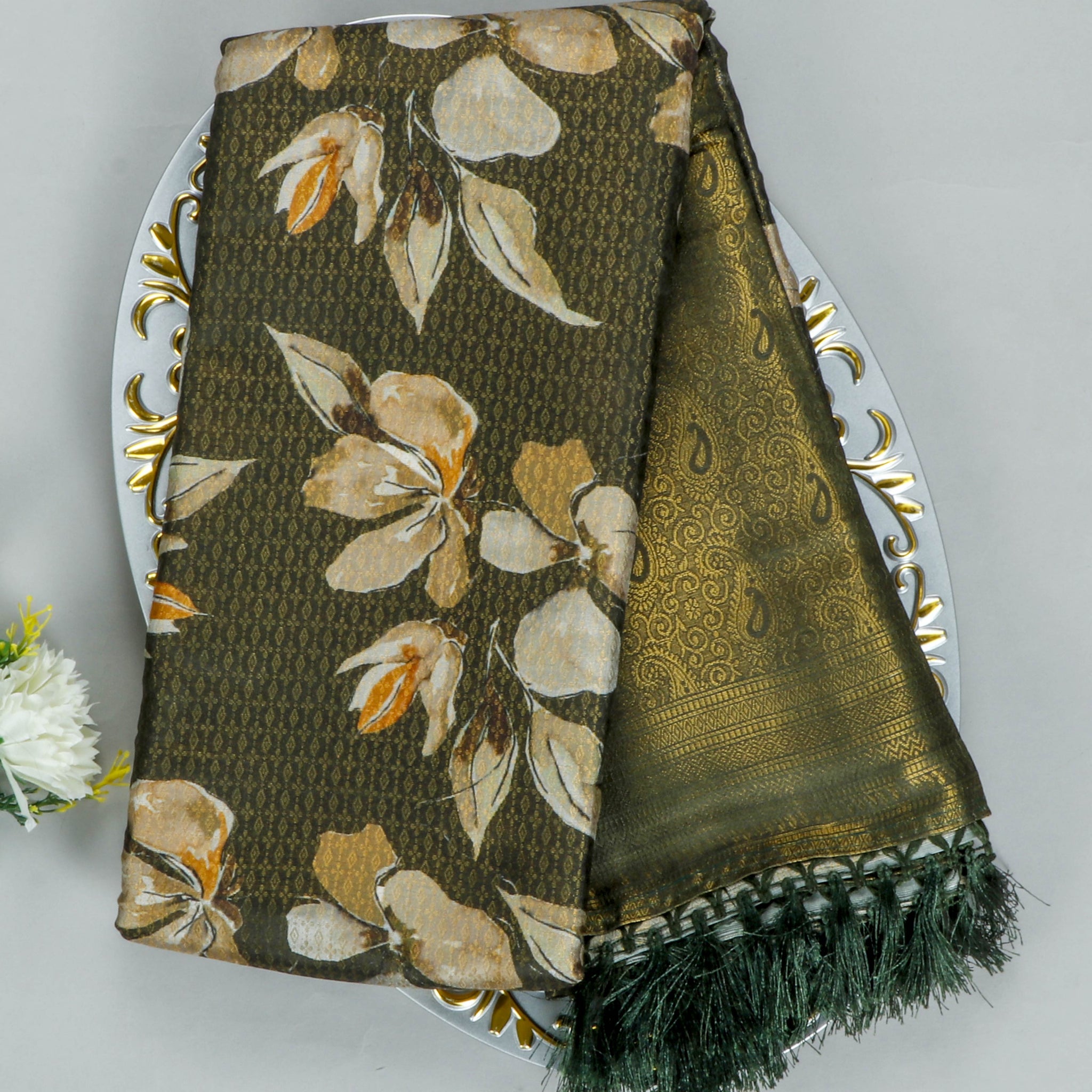 Dark Green Colour Floral Design Soft Silk Saree