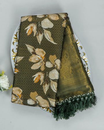 Dark Green Colour Floral Design Soft Silk Saree