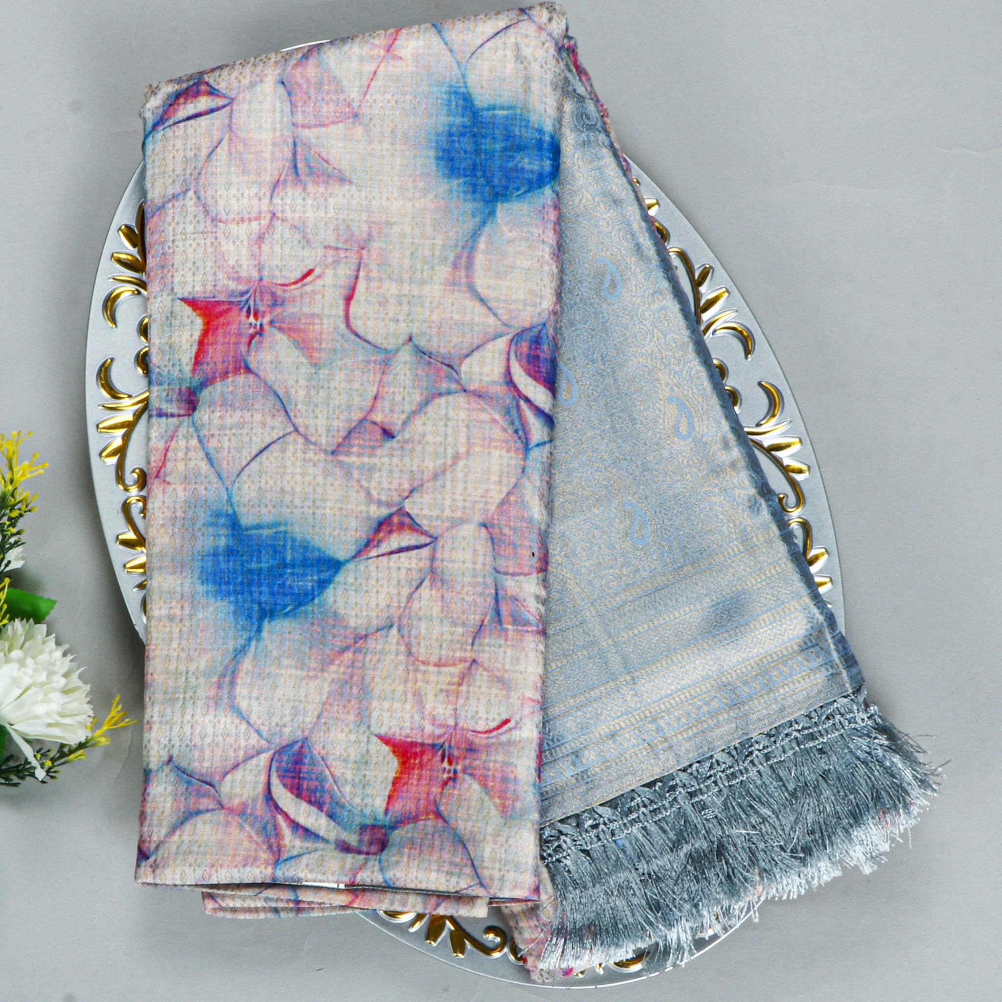 White & Light Blue Colour Floral Design Soft Silk Saree