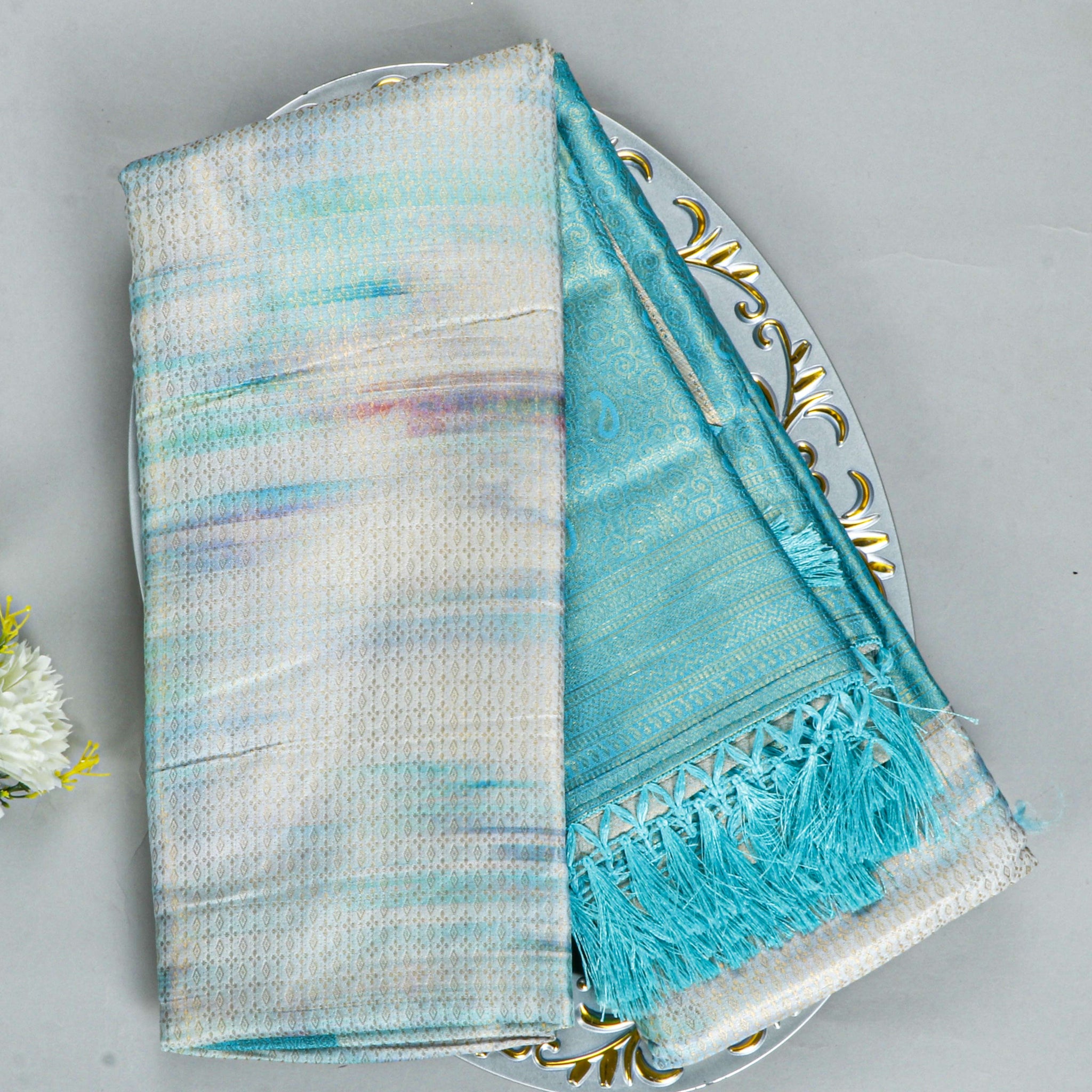 White & Sky Blue Colour Soft Silk Saree