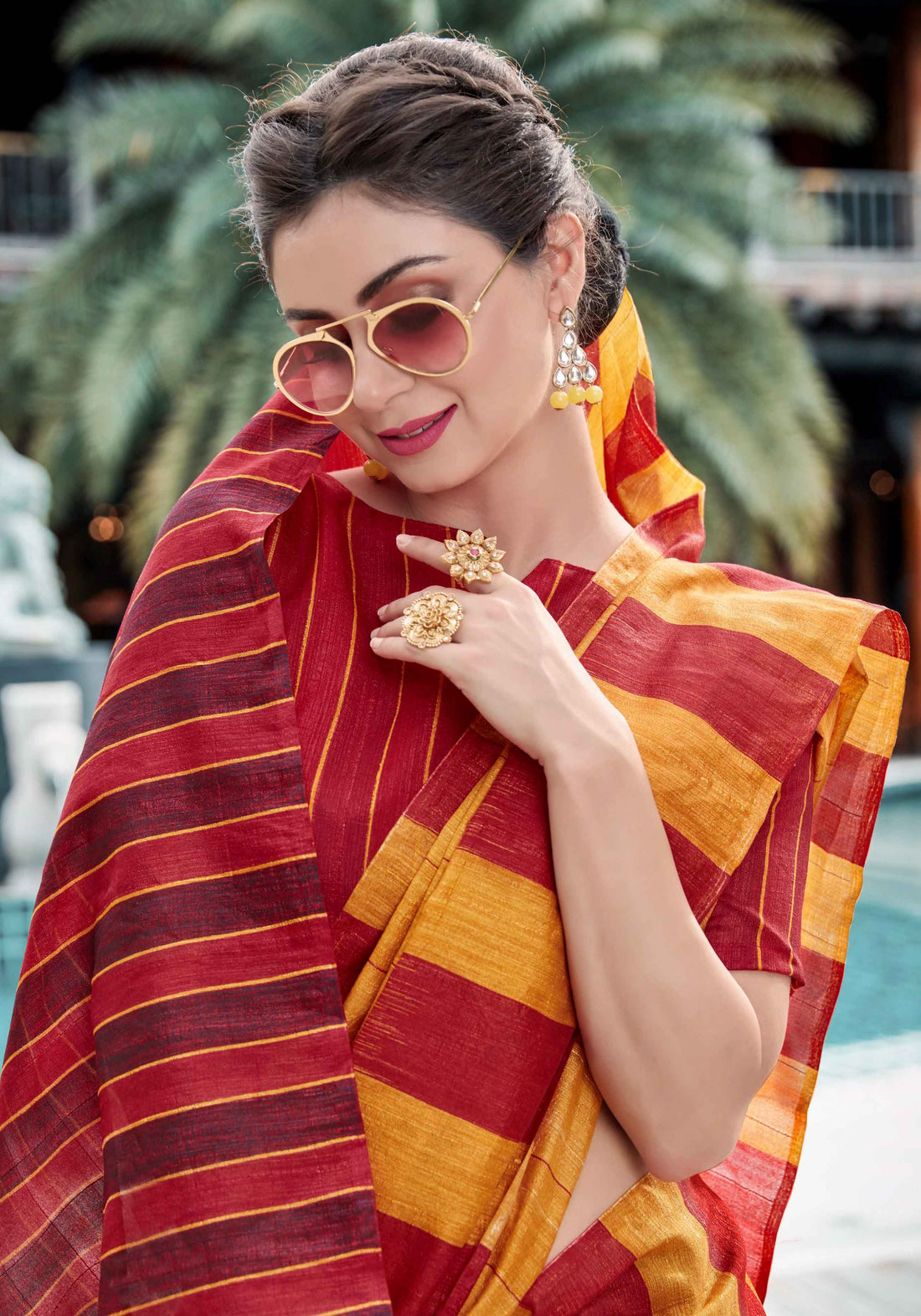 Red With Yellow Color Uniform Saree - U03