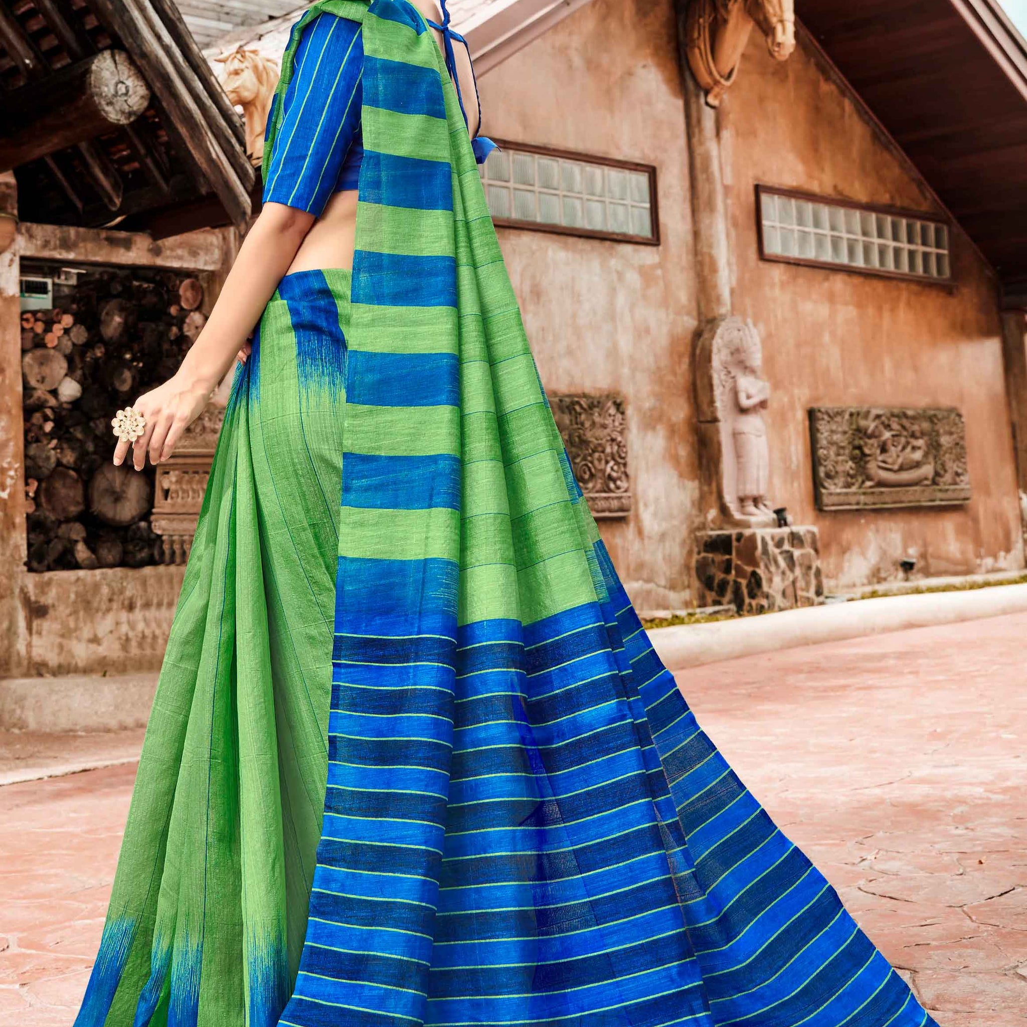 Blue With Green Color Uniform Saree - U14